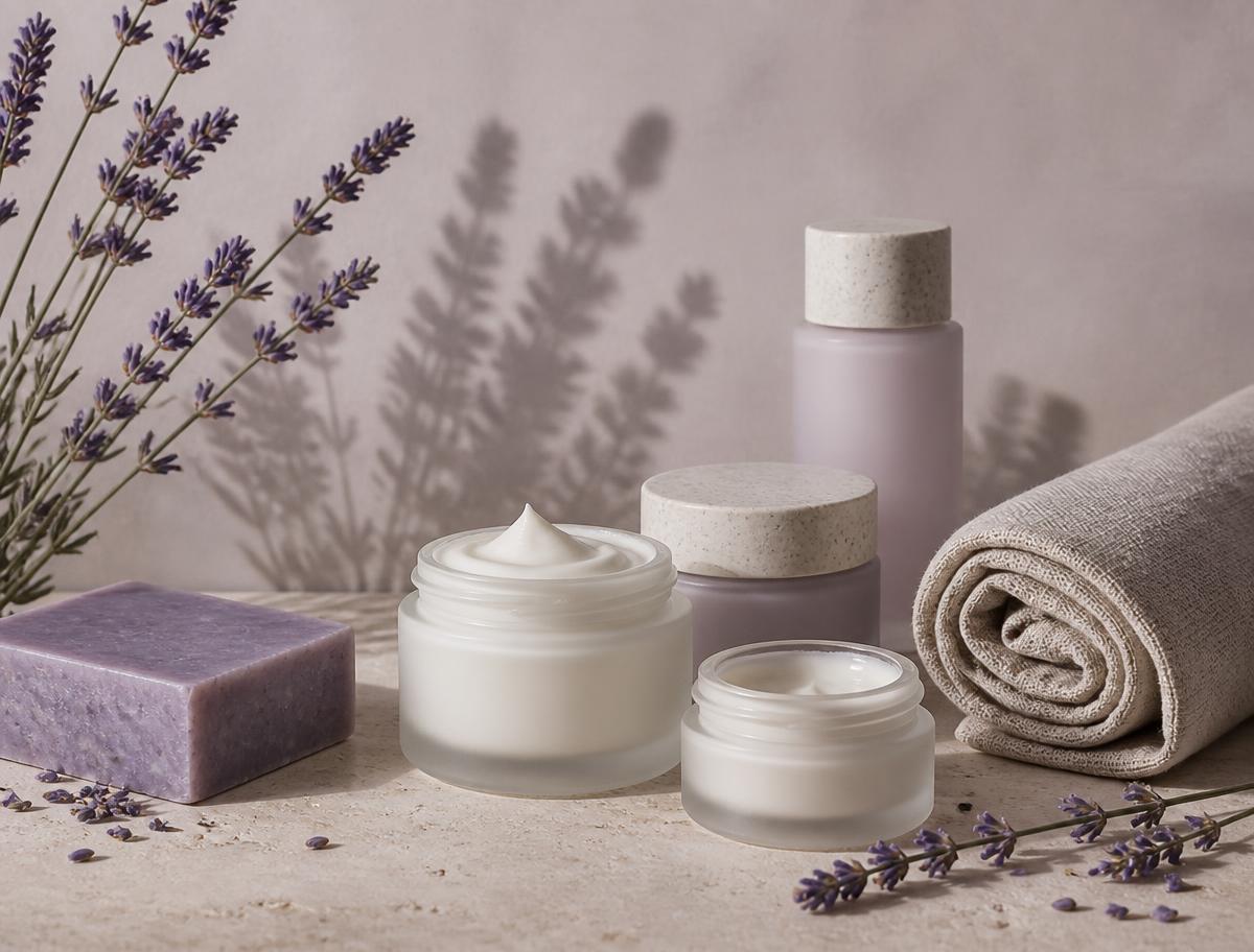 Naturkosmetik-Tiegel, Lavendelseife und Leinentuch