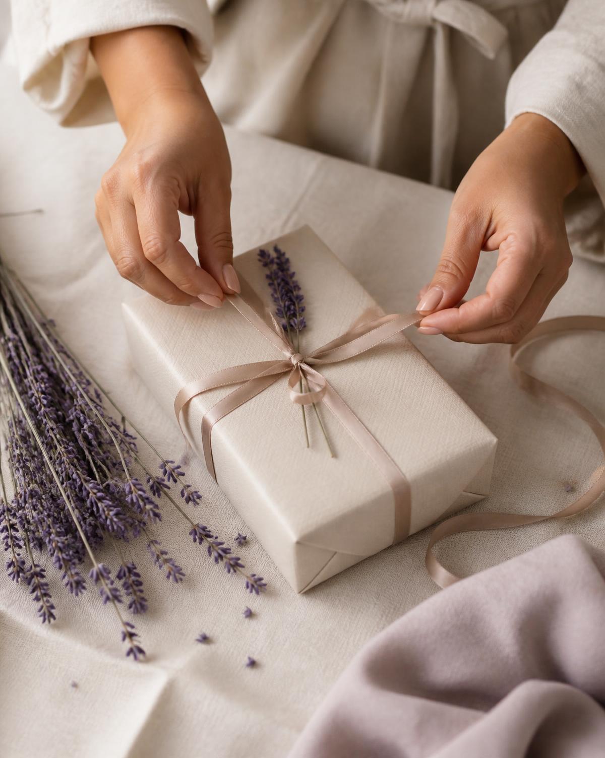 Geschenkbox wird mit Satinband und Lavendelzweig verpackt